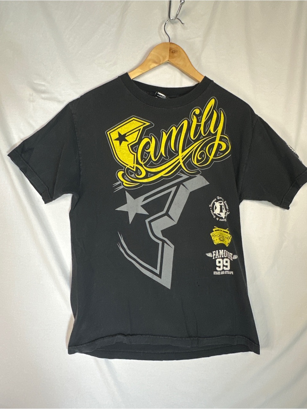 Vintage Famous Stars & Straps Black Short Sleeve Tee with Yellow & Gray Graphics